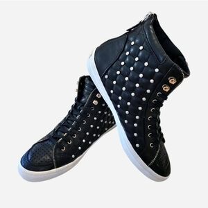 Rebecca Minkoff Black Leather Quilted High Top Sneakers w/ Pearl Studs 8.5